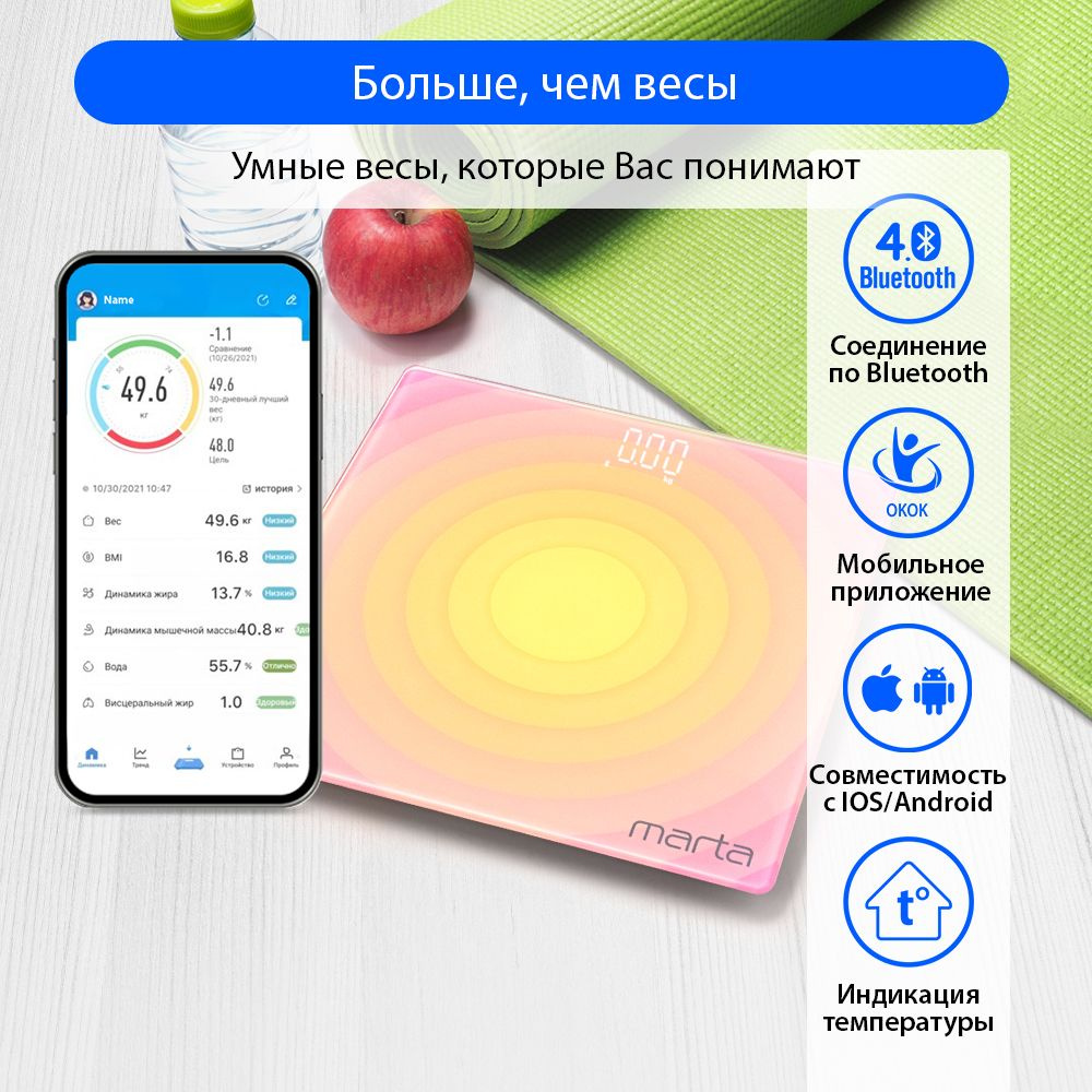 Весы напольные электронные MARTA MT-SC3603 с синхронизацией IOS и ANDROID  по Bluetooth, умные весы, желто-розовый