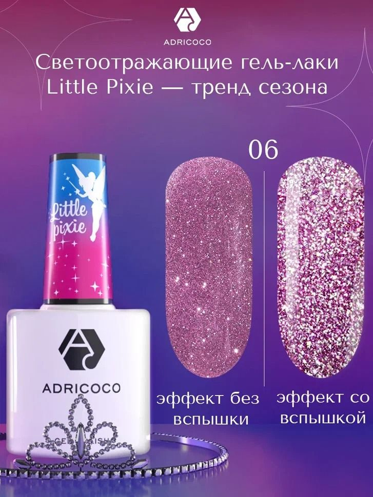 Гель лак для ногтей ADRICOCO Little Pixie розовый светоотражающий с блестками №06, 8 мл  #1