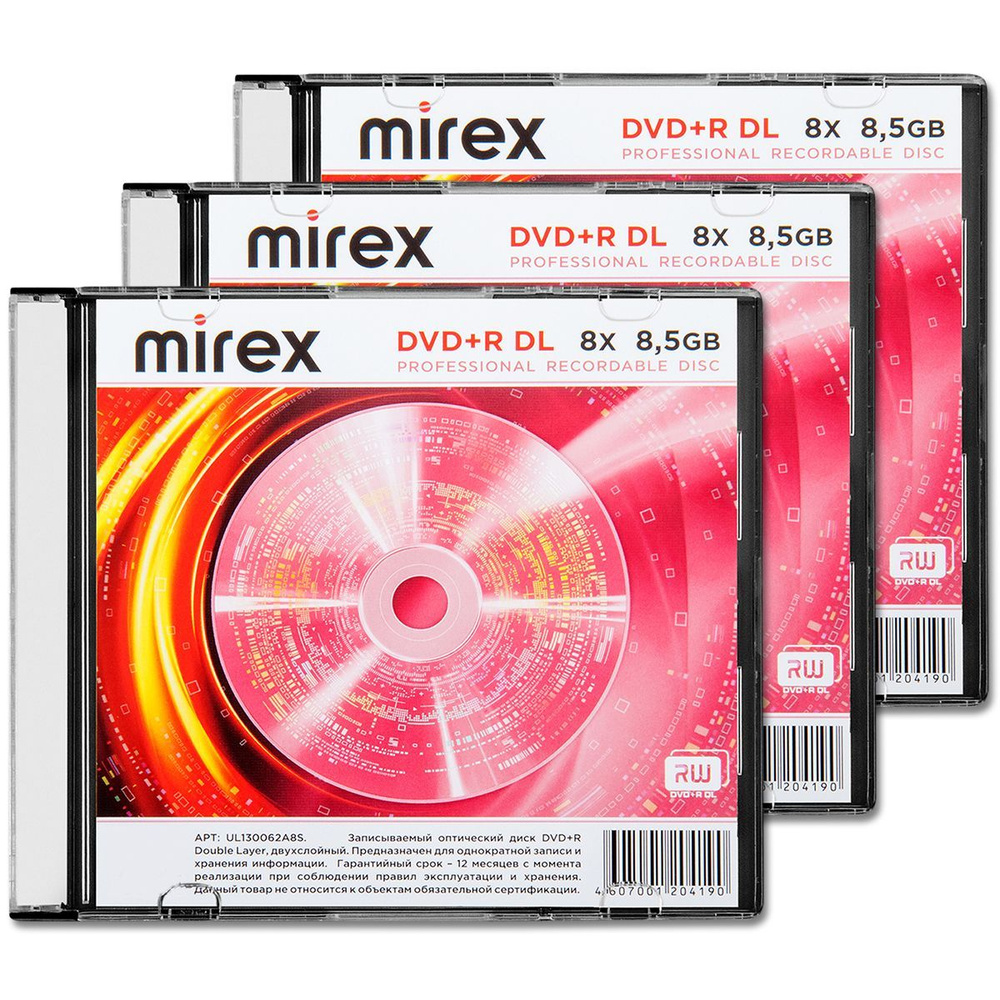 Диск DVD+R Double Layer 8,5Gb Mirex 8x slim, упаковка 3 шт.