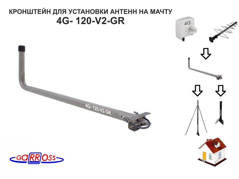 Кронштейн антенный "4G- 120-V2-GR" серый; вылет 0,12м, диаметр 22мм, на трубу до 54мм, с хомутом  #1