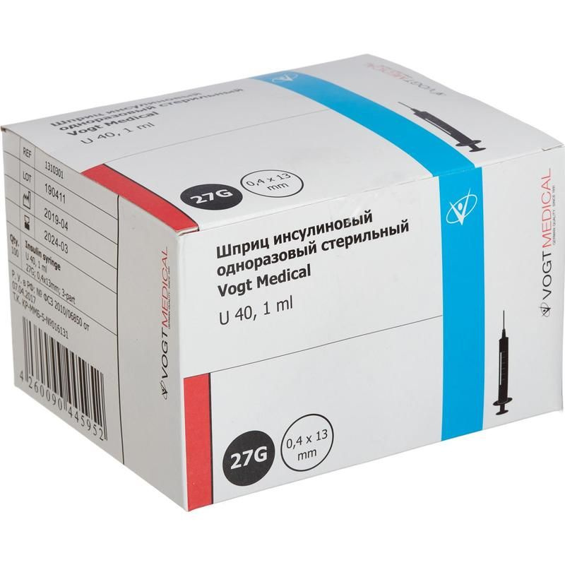 Шприц одноразовый стерильный инсулиновый Vogt Medical 1мл U-40 27G ...