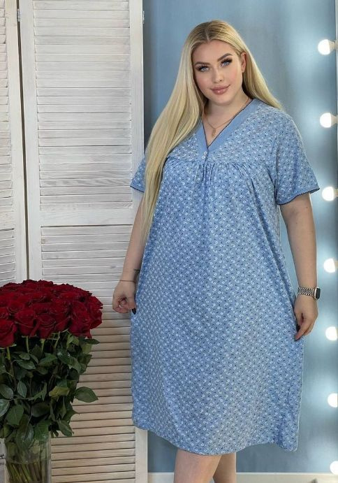 Ночная сорочка Женский Хлопок, размер 50, 52 Цветочный голубой Короткий ...