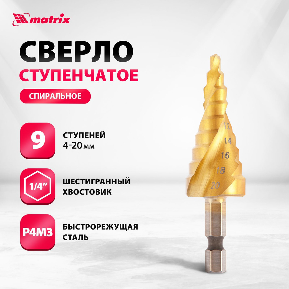 Сверло ступенчатое по металлу MATRIX, 4-20 мм диаметр, быстрорежущая сталь HSS с нитридтитановым покрытием, #1