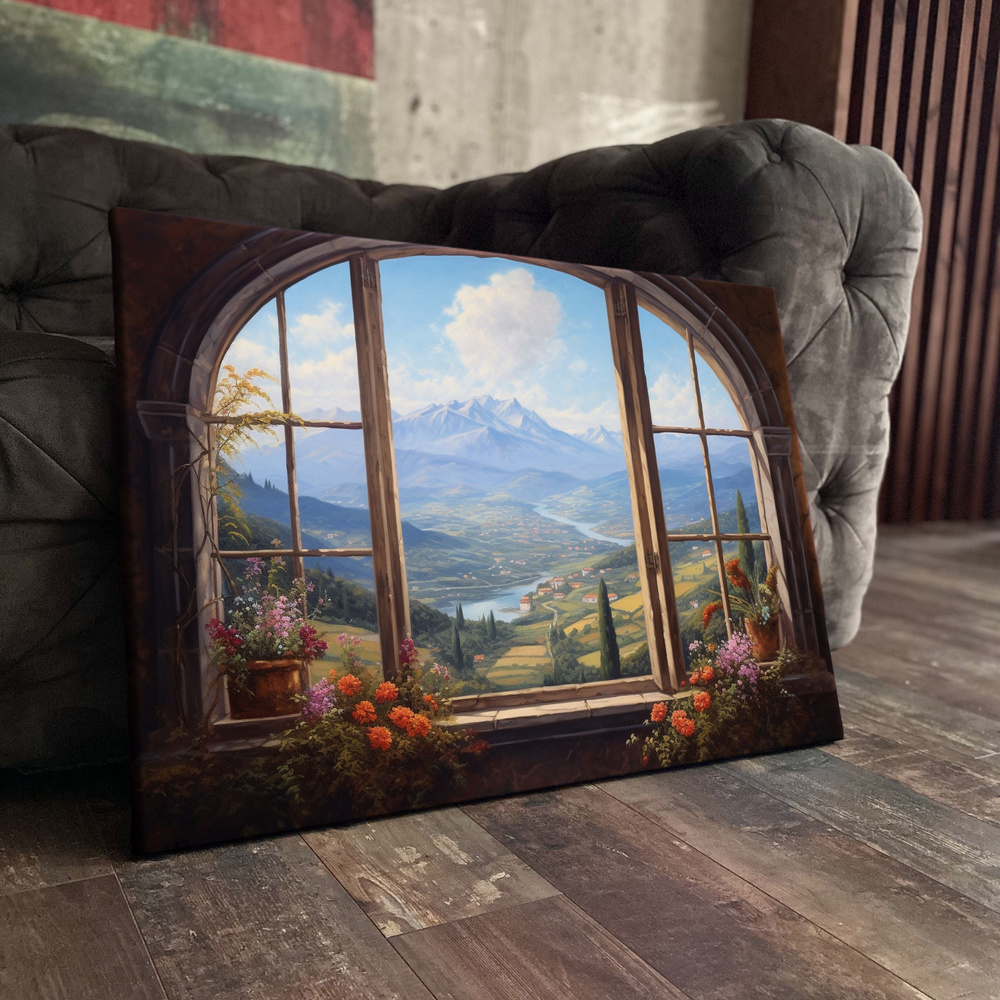 Картина на холсте (Арт, масло, рисунок, вид из окна, цветы, горы) 20x30 см.  Интерьерная, на стену. - купить по низкой цене в интернет-магазине OZON  (1257629486)