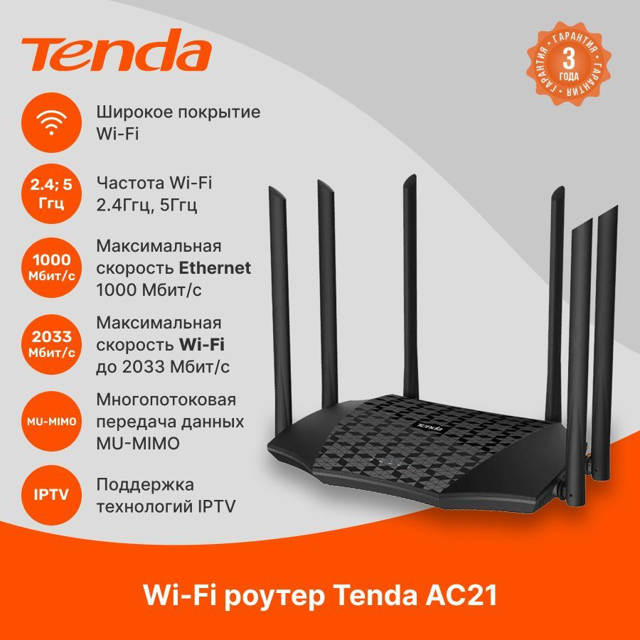 Wi-Fi роутер Tenda AC21, 3x1000 Мбит/с, 2,4 ГГц, 5 ГГц, Wi-Fi 2033 Мбит/с,  IPTV