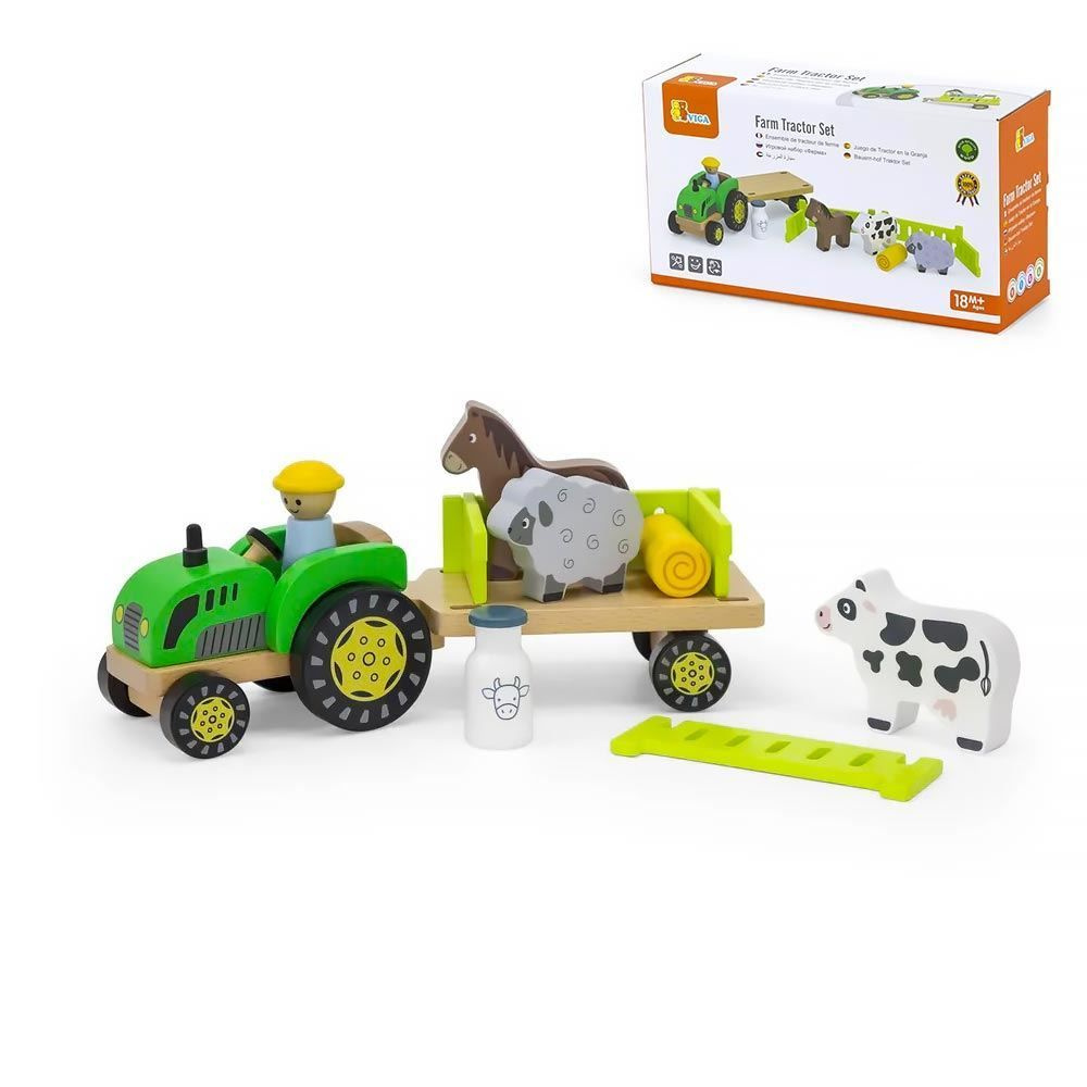 Игровой набор Viga Ферма трактор с животными 7 предметов (дерево ...