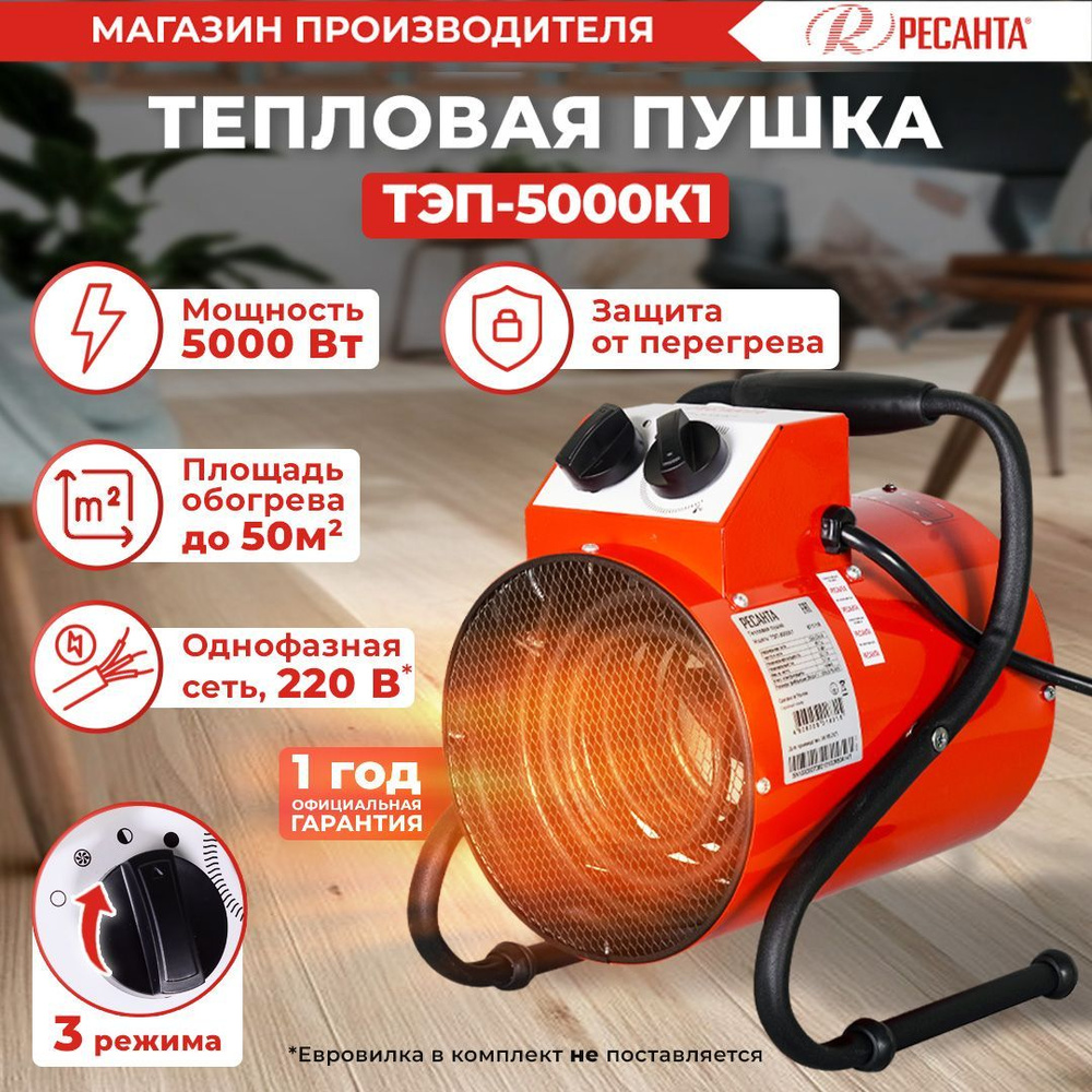 Тепловая электрическая пушка ТЭП-5000К1 круглая Ресанта - 50 м2 / 5000 Вт, от 220В ; обогреватель для #1