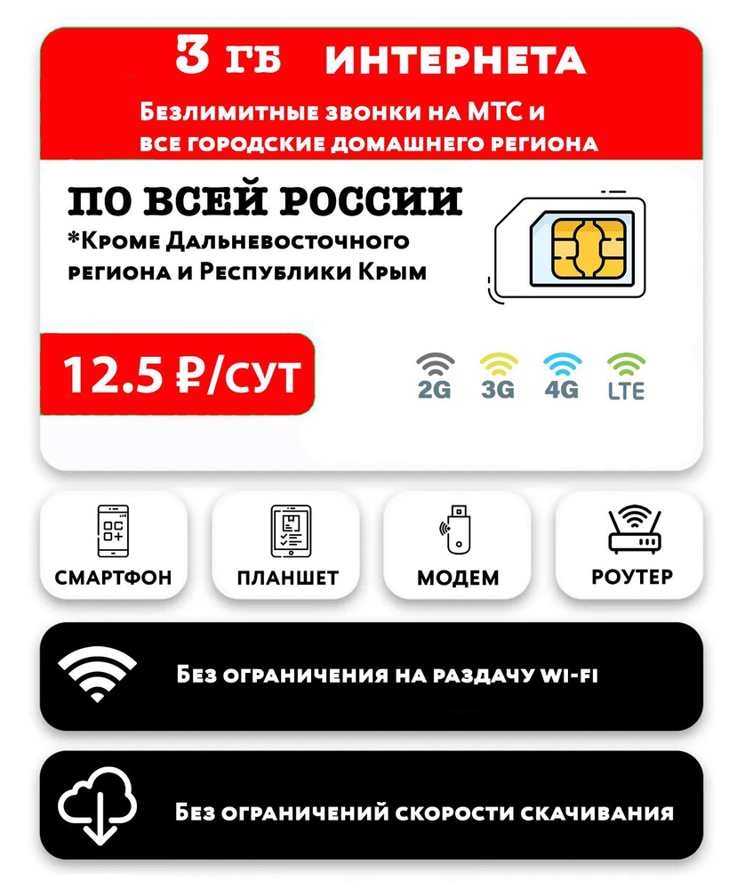 WHYFLY SIM-карта 3 гб интернета 3G/4G/LTE + безлимитные звонки на МТС за  12.5 руб/сутки (Москва, Московская область, Россия) (Москва, Московская ...