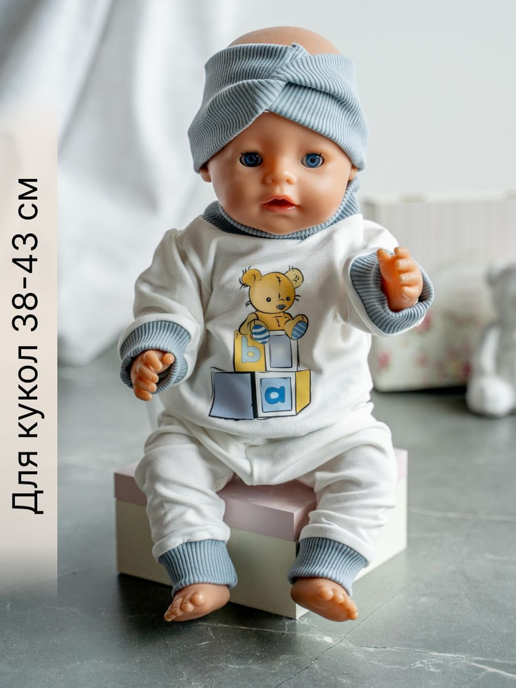 Одежда для куклы Беби Бон (Baby Born) 43см , Rich Line Home Decor, ИП-Х-992_Белый-серо-голубой-мишка-с-повязкой #1