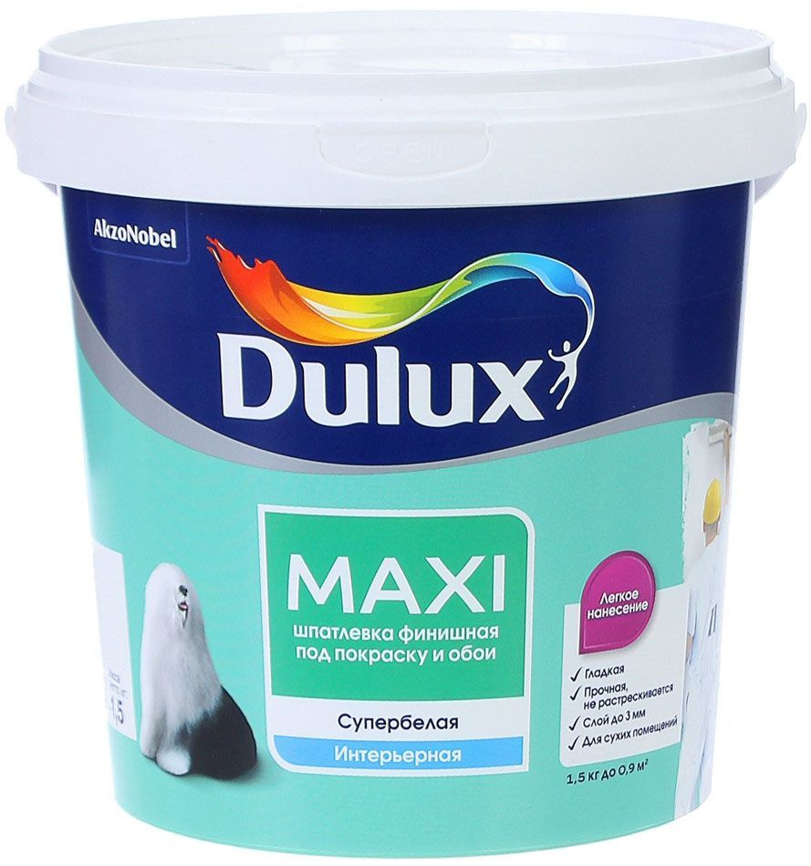 DULUX Maxi шпатлевка под покраску и обои финишная супербелая (1,5кг) / DULUX Maxi интерьерная шпатлевка #1