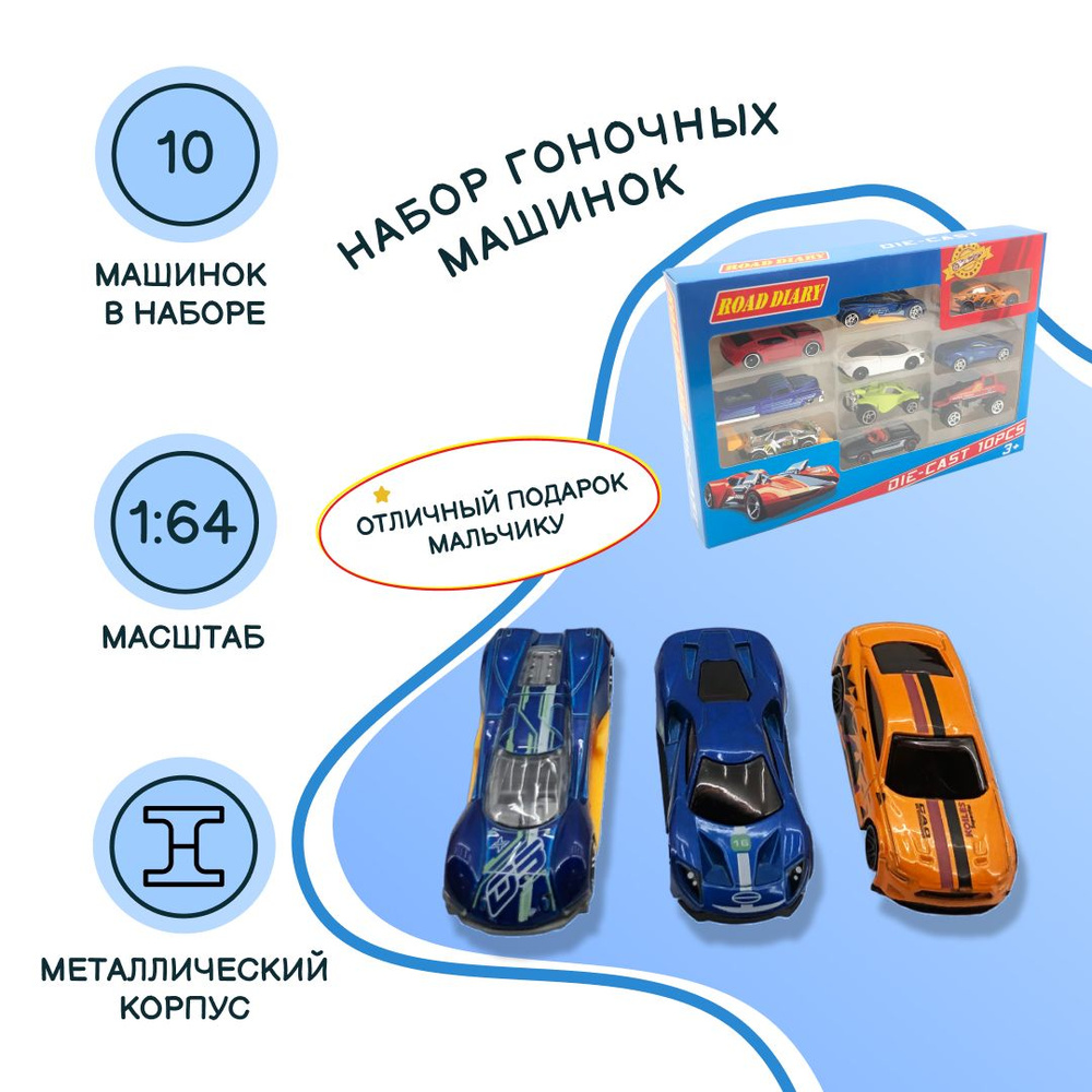 Набор базовых машинок, 10 шт., в коробке, масштаб 1:64, металл