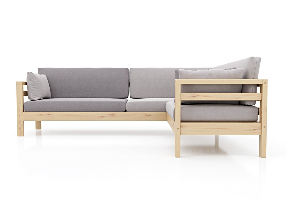 Диван угловой ДОМИНО-У ПРАВЫЙ, серый-сосна, велюр, деревянный, в ...