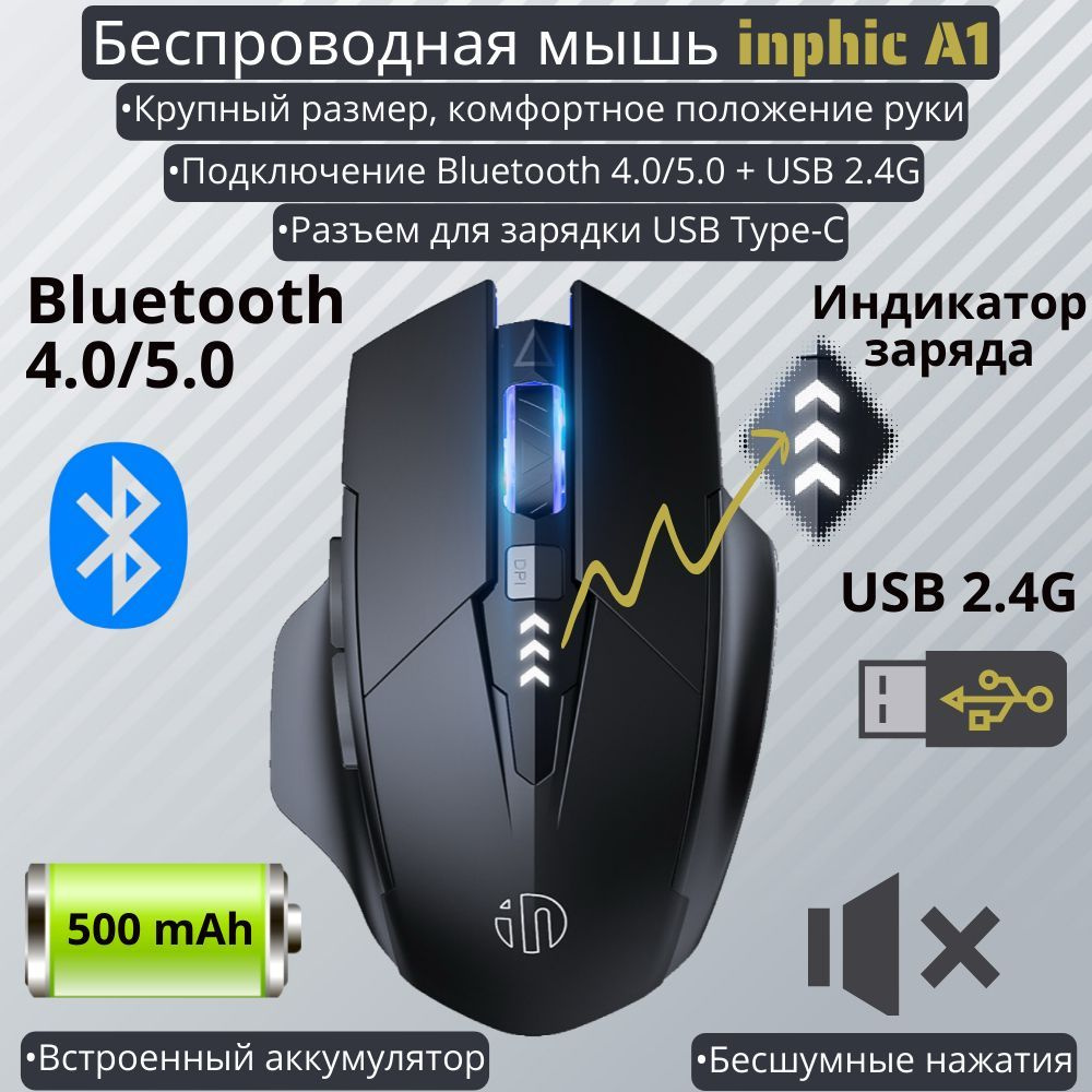 Мышь беспроводная INPHIC Mouse-inphicA1, черный, черный матовый - купить по  выгодной цене в интернет-магазине OZON (1039185840)