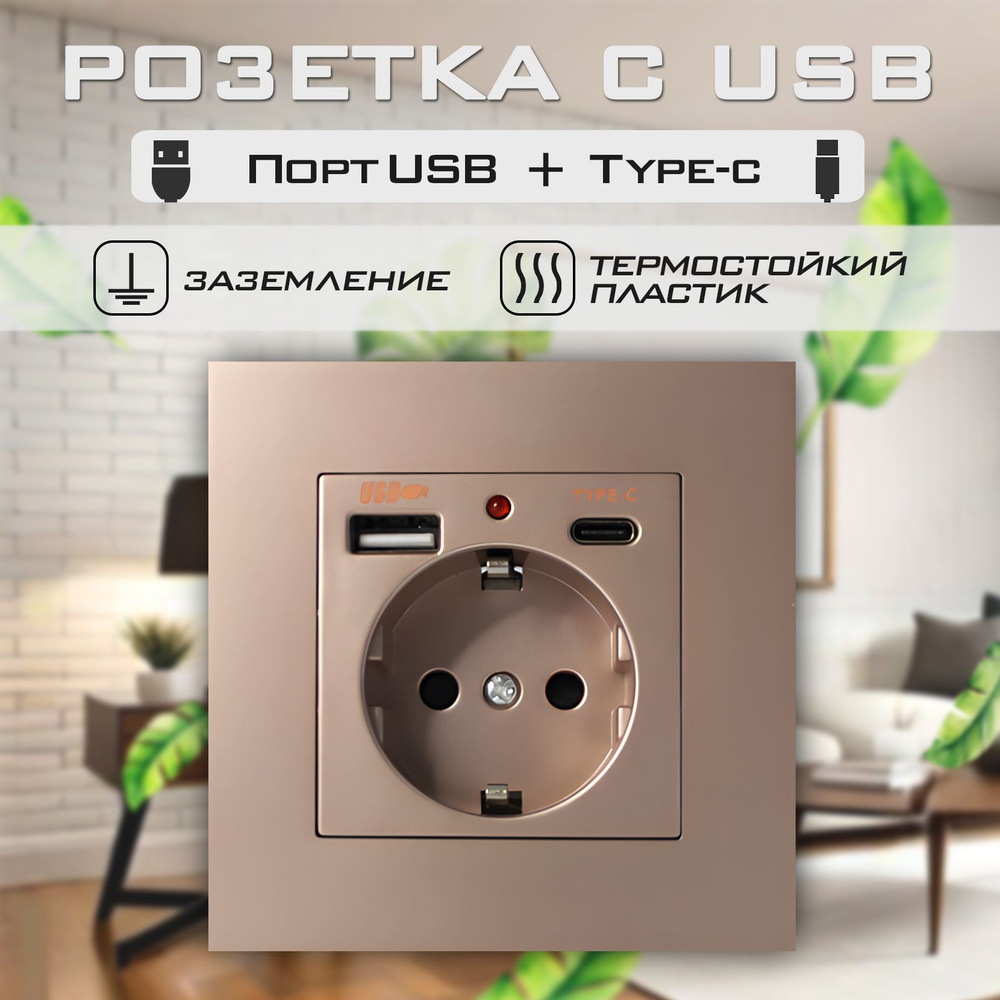 Розетка с USB и Type-C портами для заряда устройства, с заземлением