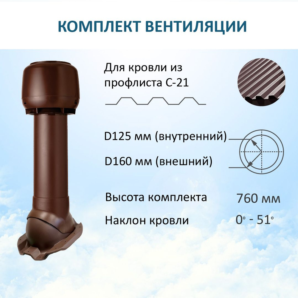 Комплект вентиляции: колпак D160, вент. выход утепленный высотой Н-700, для кровельного профнастила С-21 #1