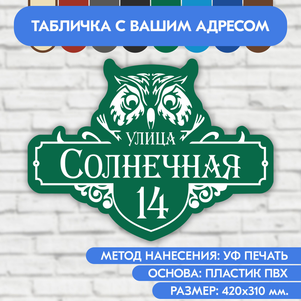 Адресная табличка на дом 420х310 мм. "Домовой знак Сова", зелёная, из пластика, УФ печать не выгорает #1