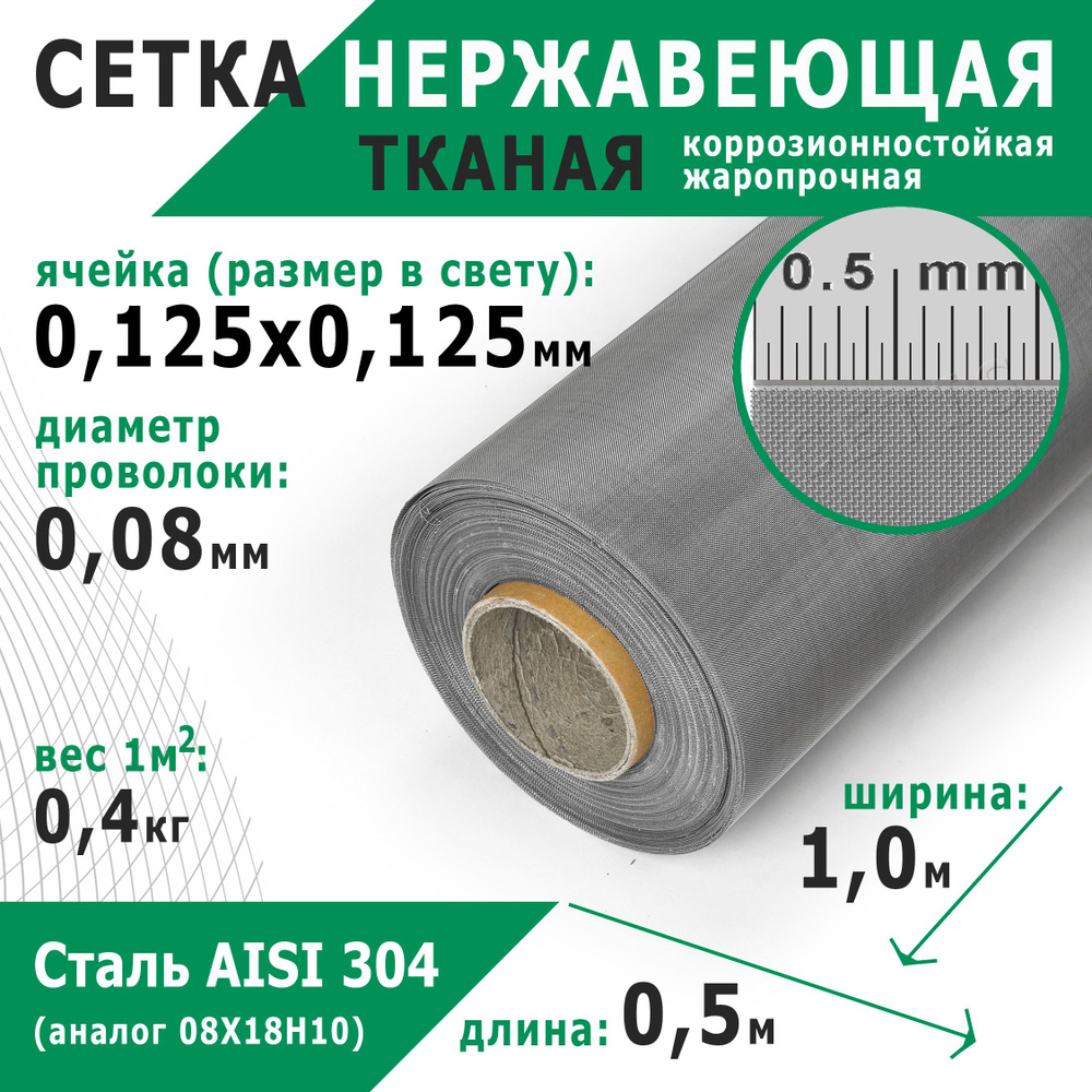 Сетка нержавеющая 0,125х0,125х0,08 мм. Сталь пищевая AISI 304 (08Х18Н10). Размер 0,5х1 метр.  #1