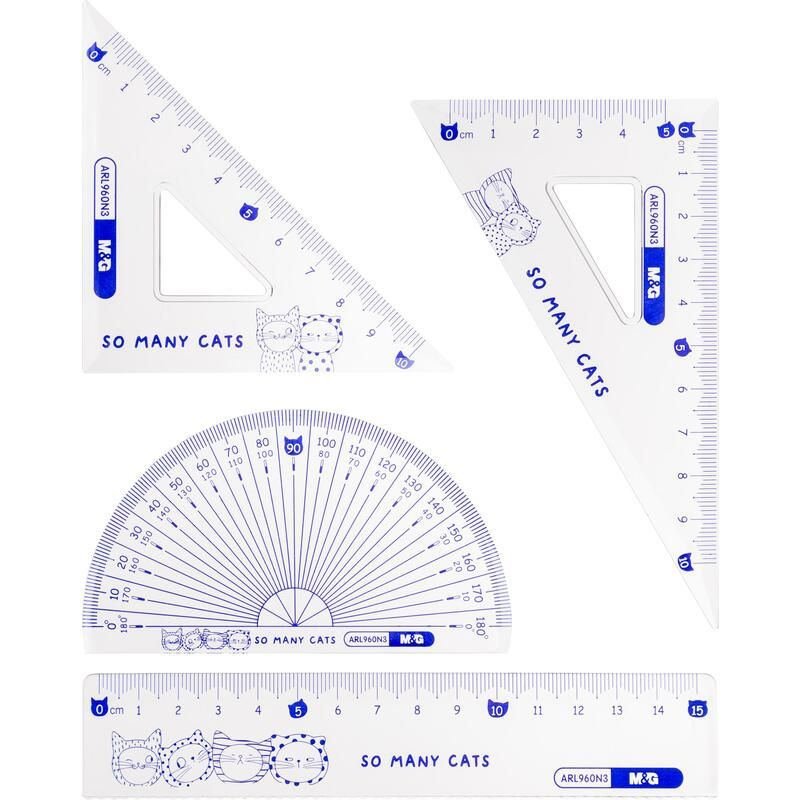 Набор чертежный M&G So Many Cats в ассортименте (линейка, транспортир, 2 угольника)  #1