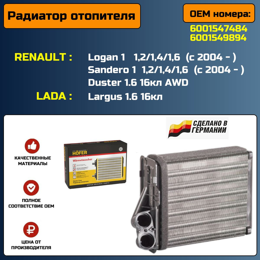 Радиатор отопителя (печки) для автомобилей Renault Logan (c 2004- )/Duster  (c 2010- )/Lada Largus (c 2012- ) - арт. HF730260 - купить по выгодной цене  в интернет-магазине OZON (1401846096)