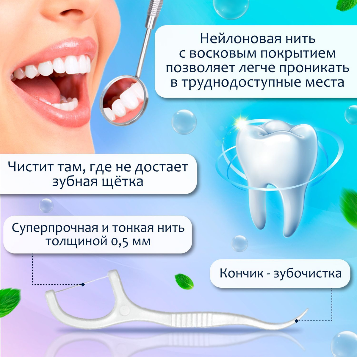 Зубная нить с зубочисткой 50 шт. Флоссеры. Зубочистки с нитью купить на ...