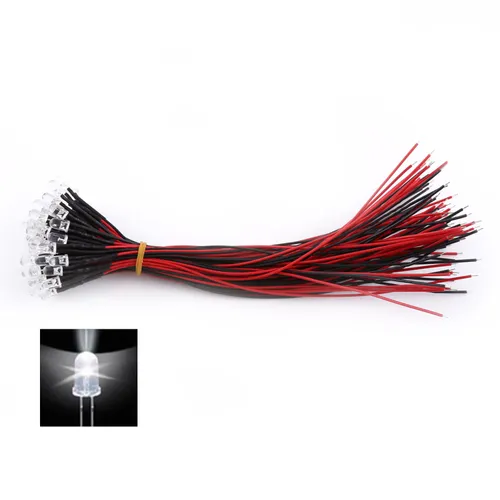 Светодиоды 12V с проводами, прозрачные, постоянное свечение, 50 шт в упаковке (5 мм, белый свет) для
