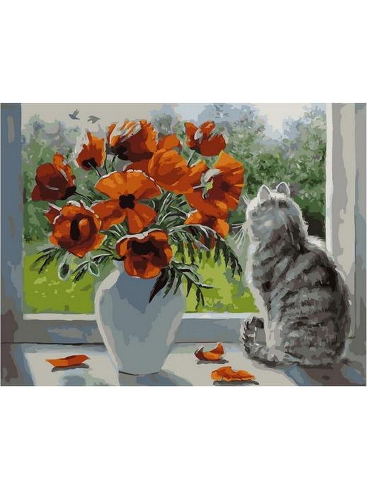 Картина по номерам Кот. Маки на окне. Цветы 40х50 см - купить с ...
