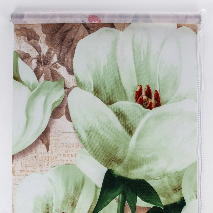 Штора рулонная КНР 3D принт, "Тюльпаны белые", 90х200 см, (с учетом креплений 3,5 см)  #1