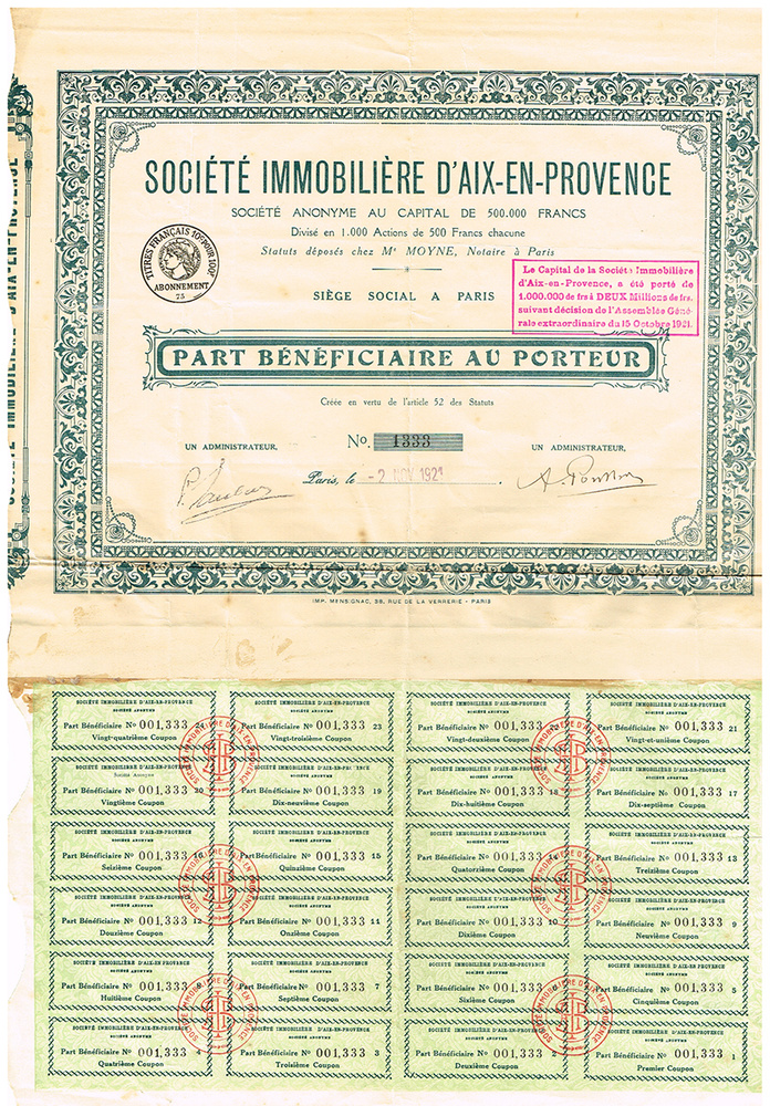 Ценная бумага на 500 франков. Доля бенефициара на предъявителя. Риэлторская компания Экс-ан-Прованса. #1