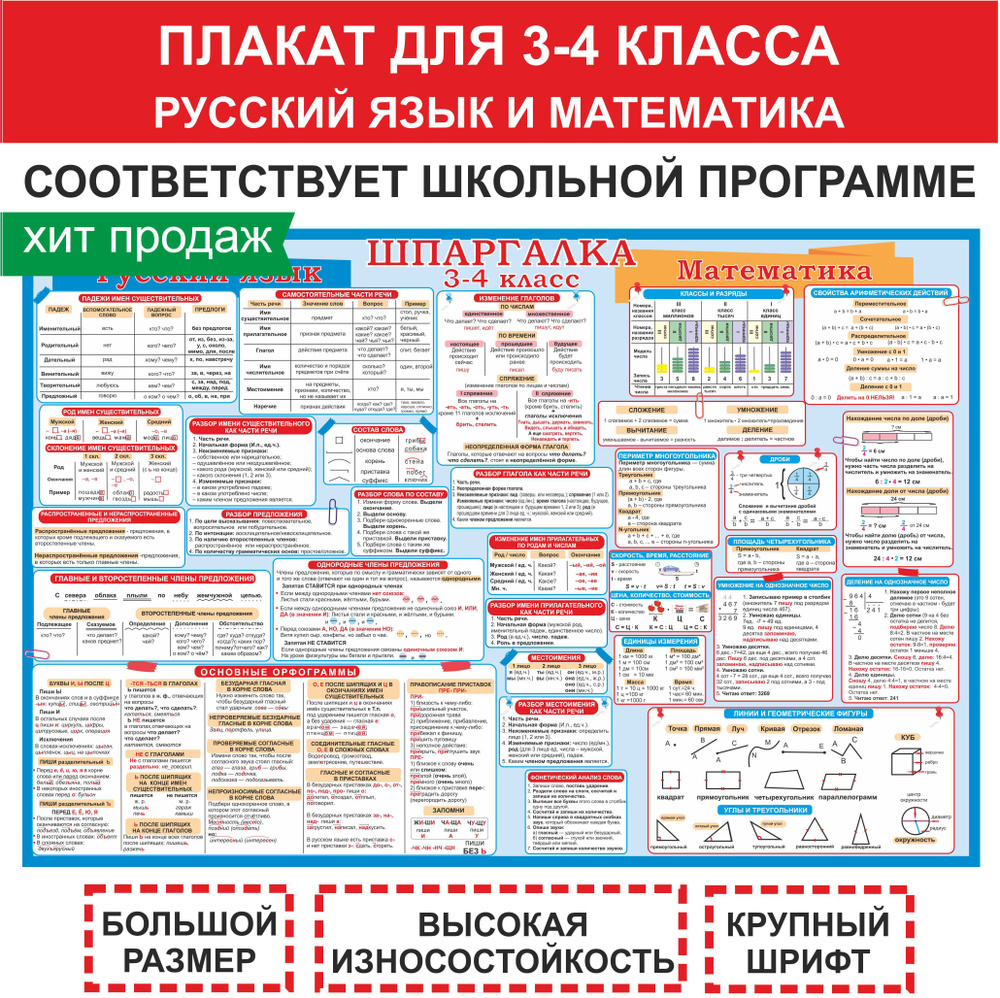 Школьный плакат 3-4 класс (русский язык + математика) А1 формат - купить с  доставкой по выгодным ценам в интернет-магазине OZON (311846080)