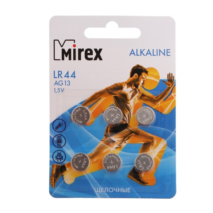 Батарейка алкалиновая Mirex, LR44, AG13, 1.5В, блистер, 6 шт - купить с ...