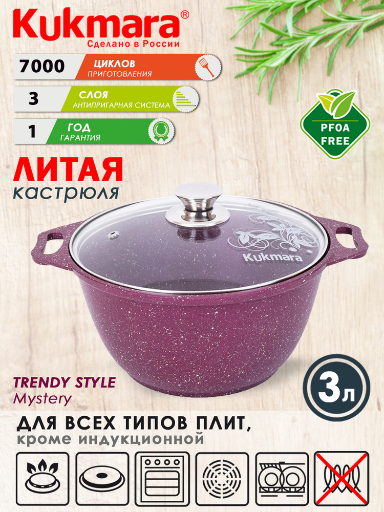 Кастрюля антипригарная 3,0л со стеклянной крышкой Trendy style mystery KUKMARA  #1