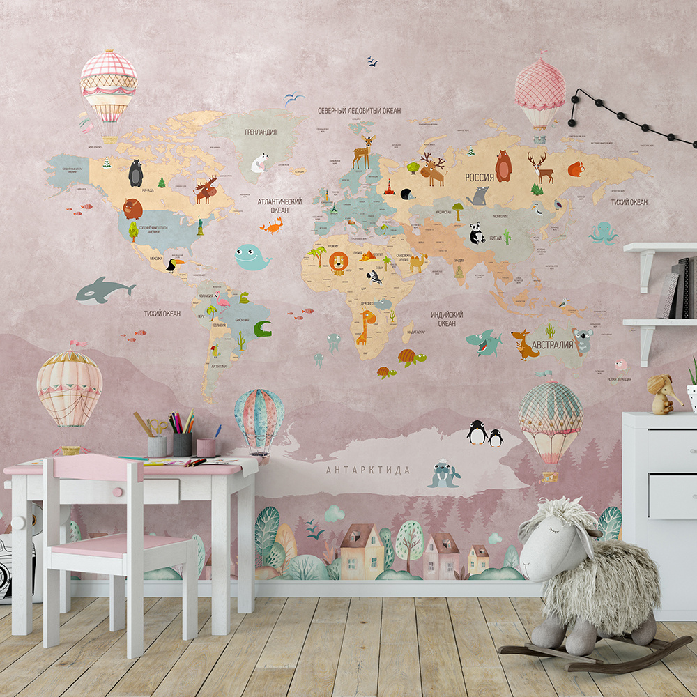 Фотообои детские "Карта мира" 315см x 270см флизелин премиум моющиеся ...