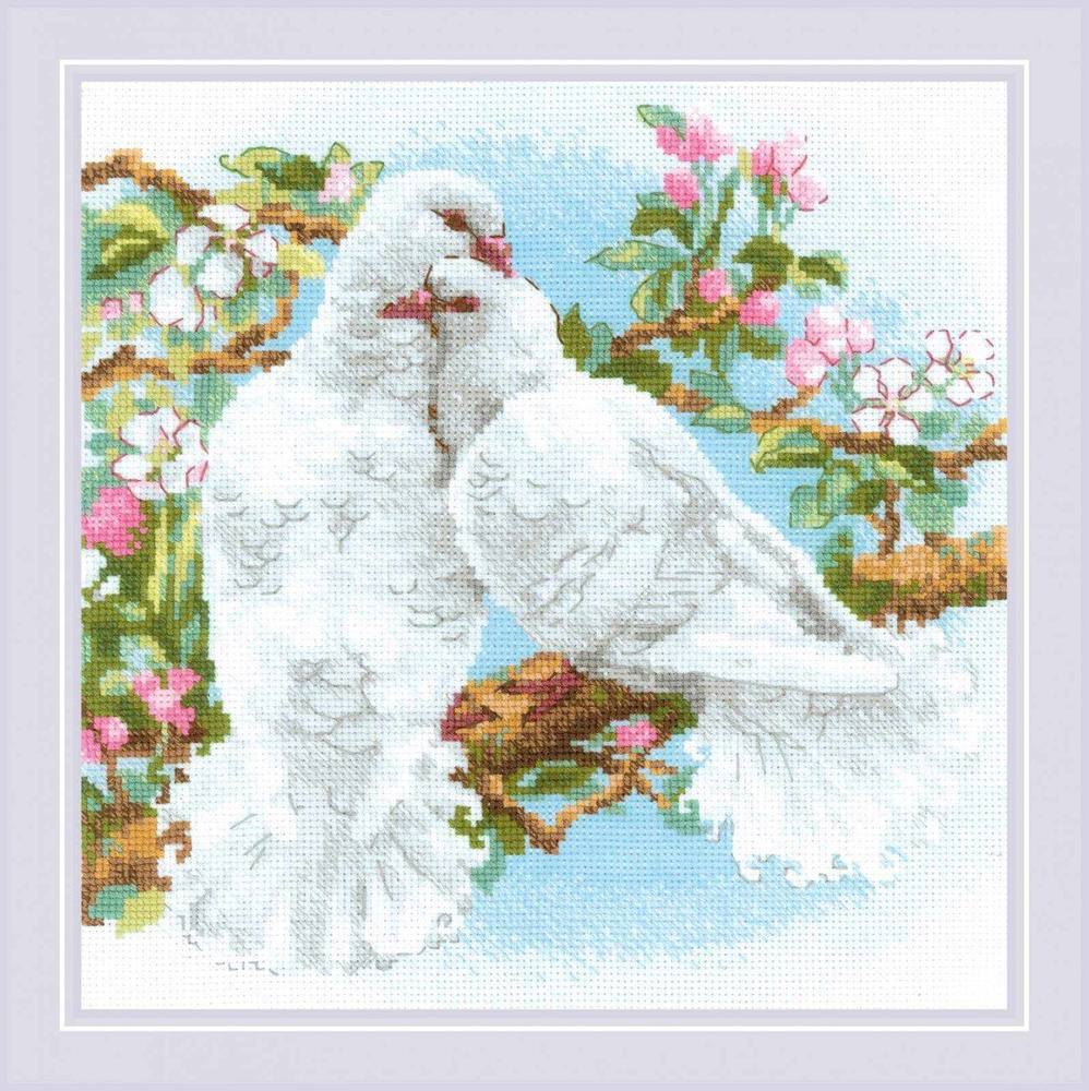 Набор для вышивания Риолис 1856 "Белые голуби", 25х25 см // Весна, Птицы, Цветы  #1