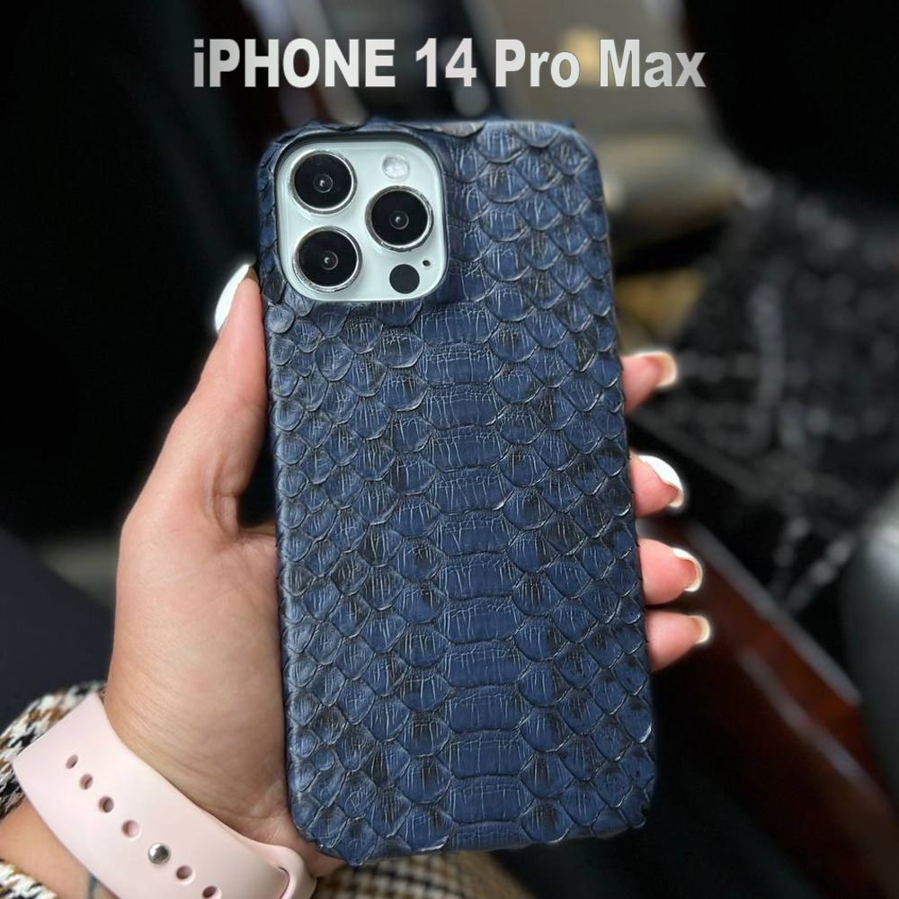 Красивый чехол iPhone 14 Pro Max из натуральной синей кожи питона