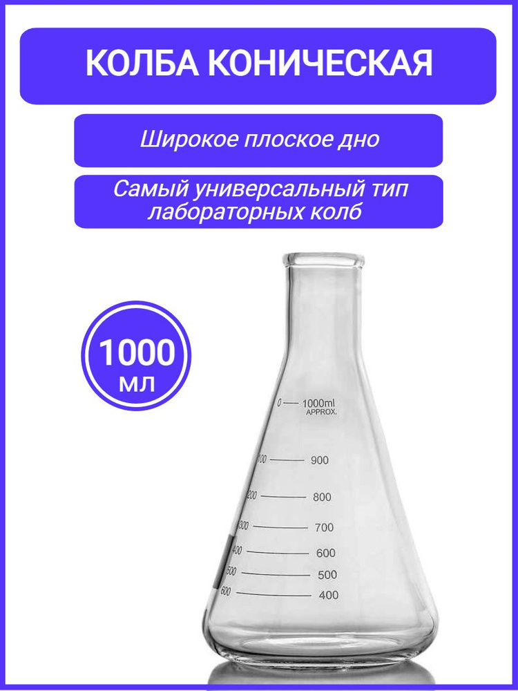 Колба коническая 1000 мл (тип КН лабораторная: исполнение 2 - с цилиндрической горловиной, термостойкая) #1