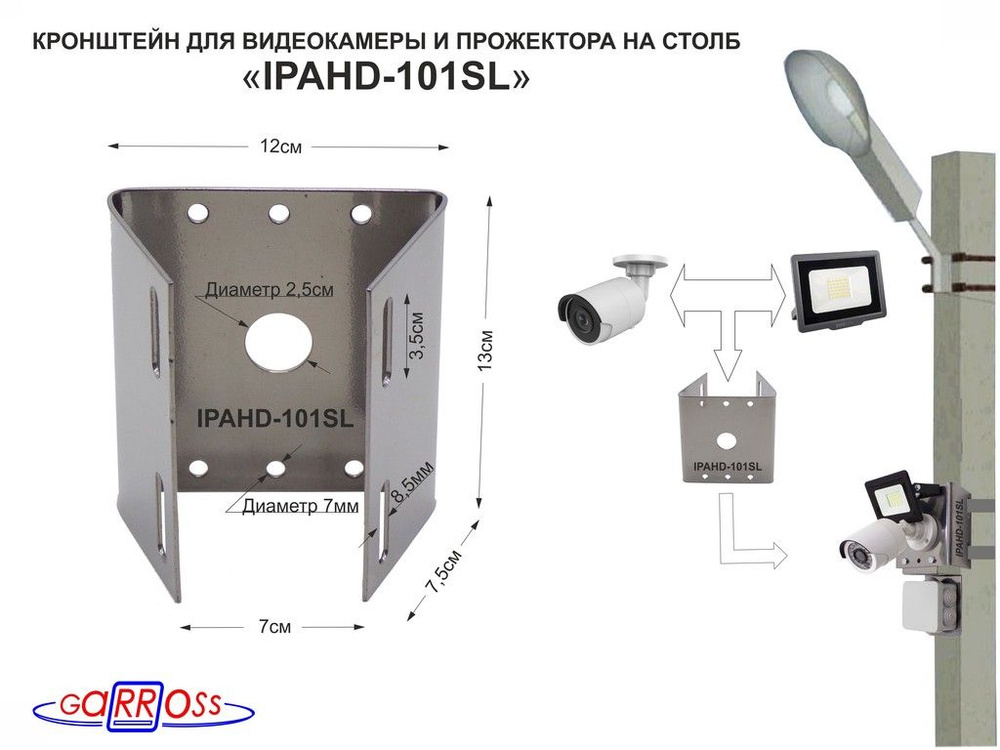 Кронштейн "IPAHD-101SL" под камеру и прожектор на столб под СИП-ленту, вылет 80мм, 75мм  #1