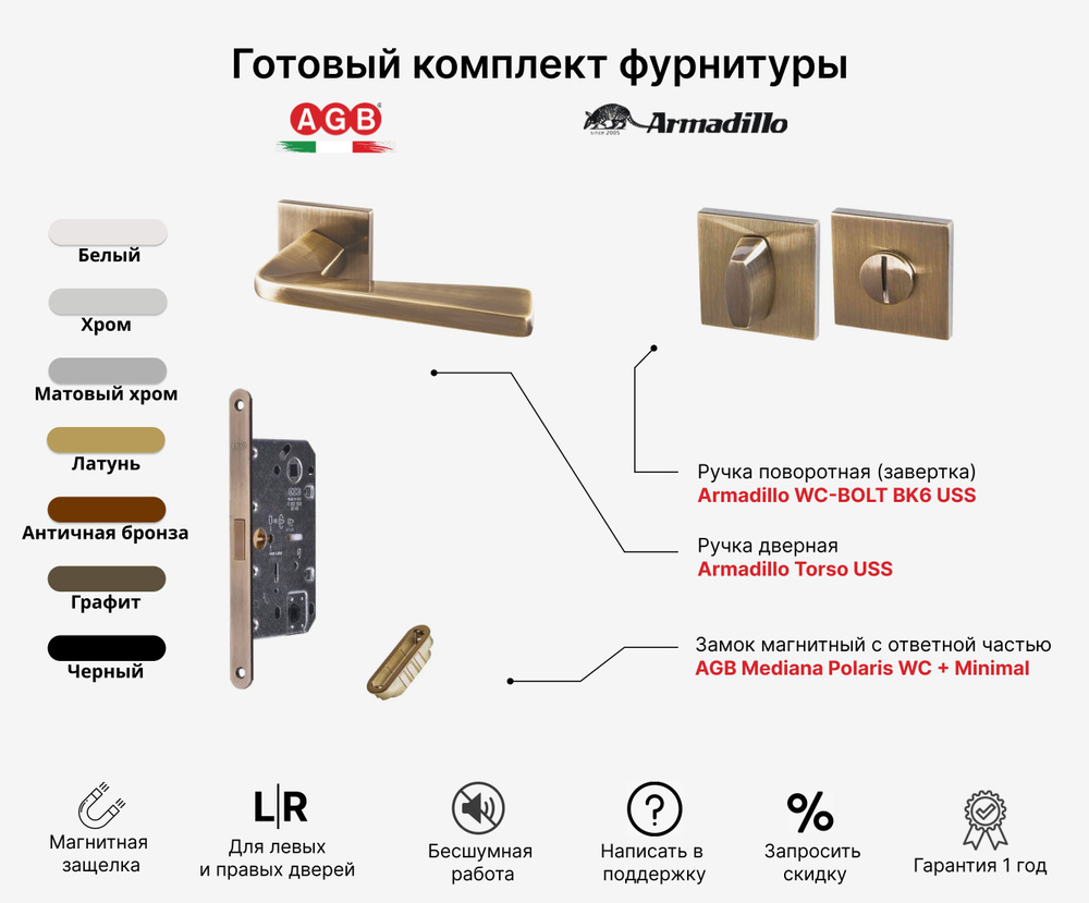 Комплект Ручка дверная Armadillo TORSO USS AB-7 + Замок магнитный бесшумный AGB Mediana POLARIS (с отв. #1