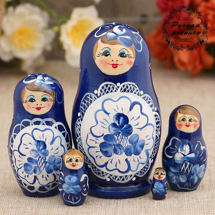 Матрешка Sima-land "Гжель", синее платье, 5 кукольная, 9,5-11 см (3371586)  #1