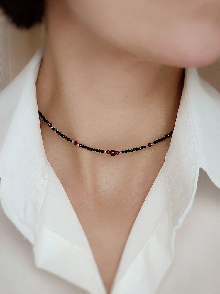 Чокер на шею из натуральных камней ONCE, Черная шпинель и гранат, колье ...