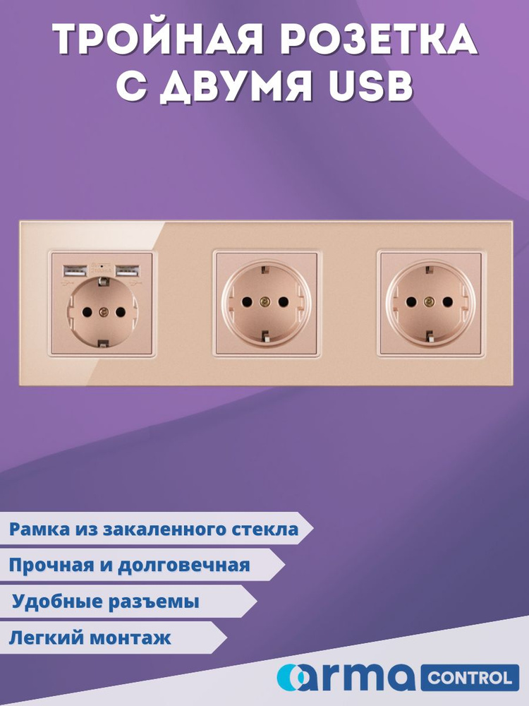 Тройная розетка с 2-мя USB-портами Armacontrol / Зарядки / Розетка с заземлением  #1