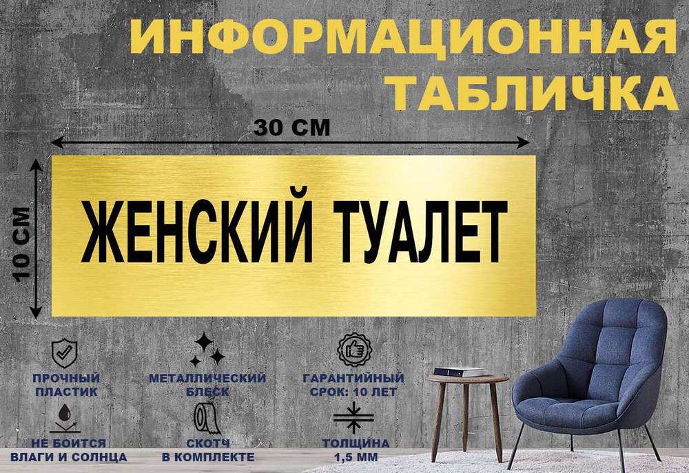Табличка "ЖЕНСКИЙ ТУАЛЕТ" на стену и дверь 300*100 мм с двусторонним скотчем #1