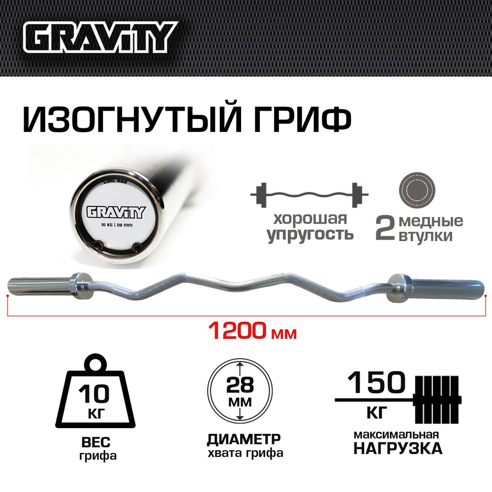 Изогнутый гриф EZ Bar Gravity 10кг, нагрузка до 150кг, длина 1200мм, диаметр хвата грифа 28мм, диаметр #1