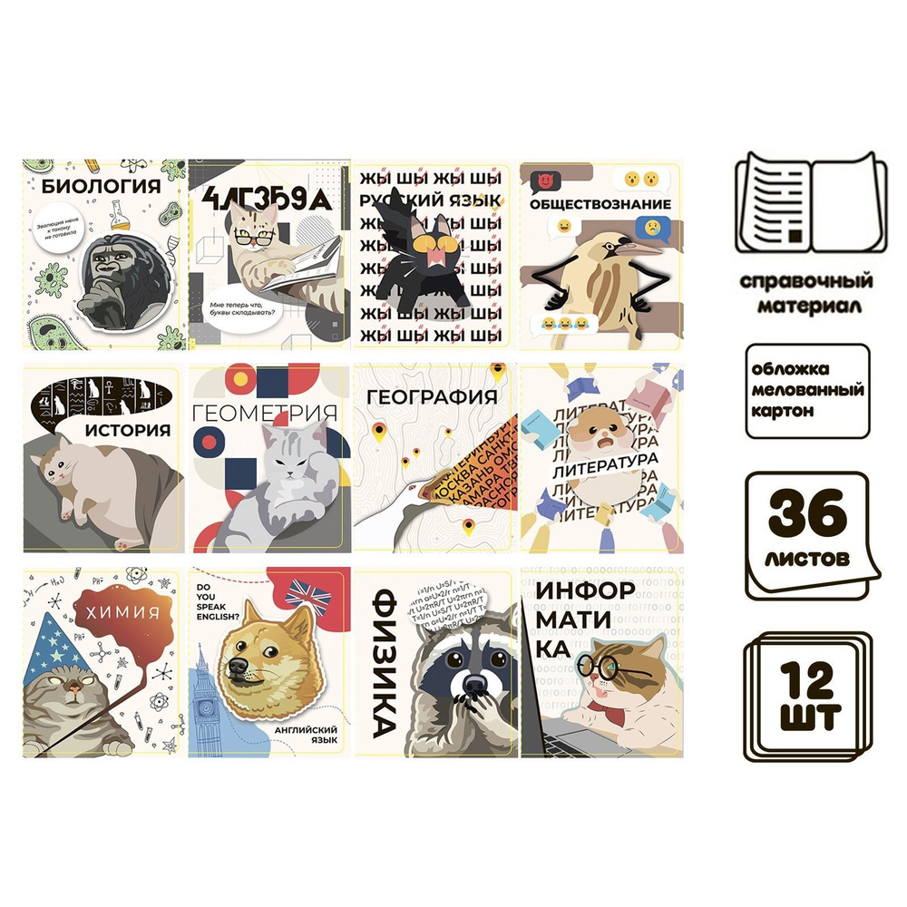 Комплект тетрадей 36 листов, Животные мемы 12 предметов #1