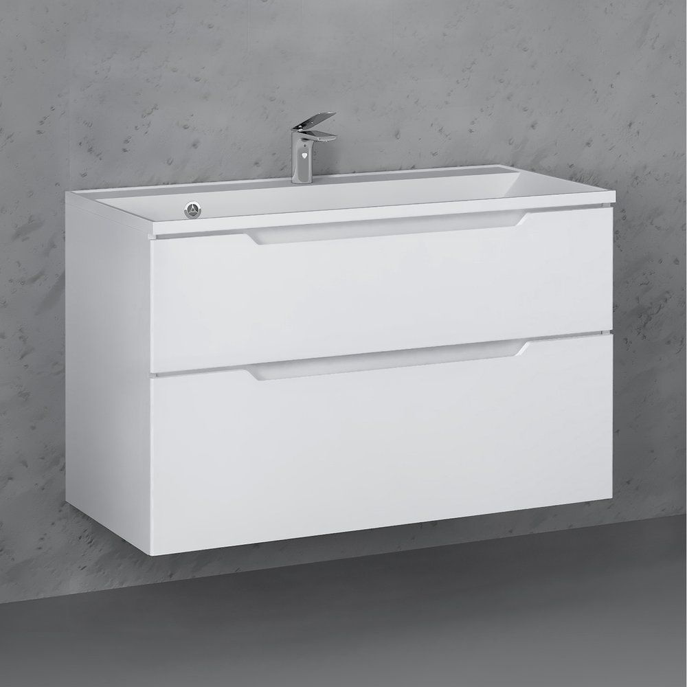 Тумба с раковиной Raval Wector подвесная, 100, 25 см, с ящиками, белая ...