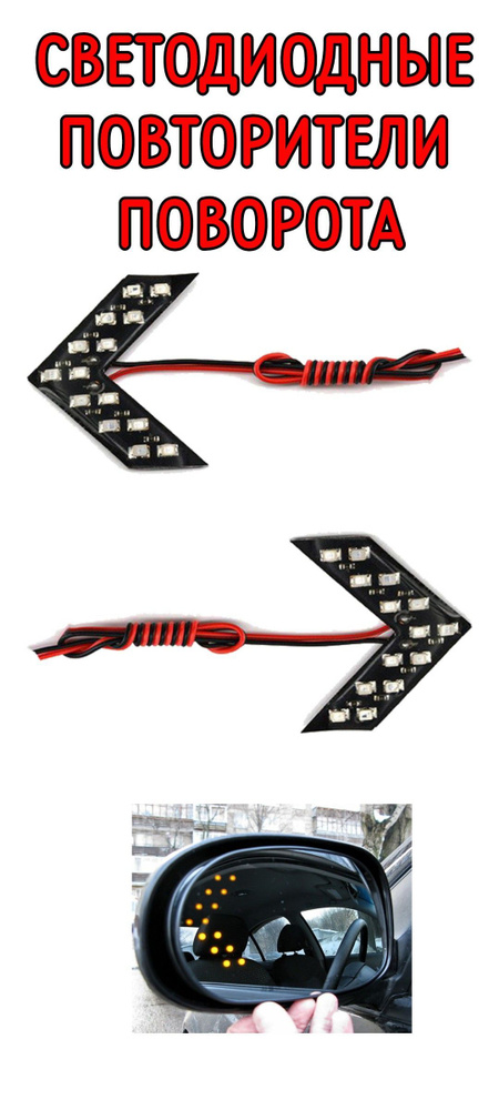 LED Повторители поворотов на боковые зеркала в автомобиль (2 шт) красного цвета