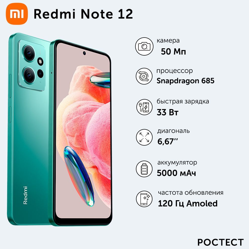 Xiaomi Смартфон Xiaomi Redmi Note 12 6/128 ГБ, зеленый