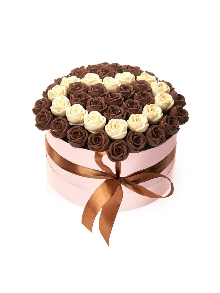 51 сладкая съедобная роза CHOCO STORY в розовой шляпной коробке, Белый и Шоколадный Бельгийский шоколад #1
