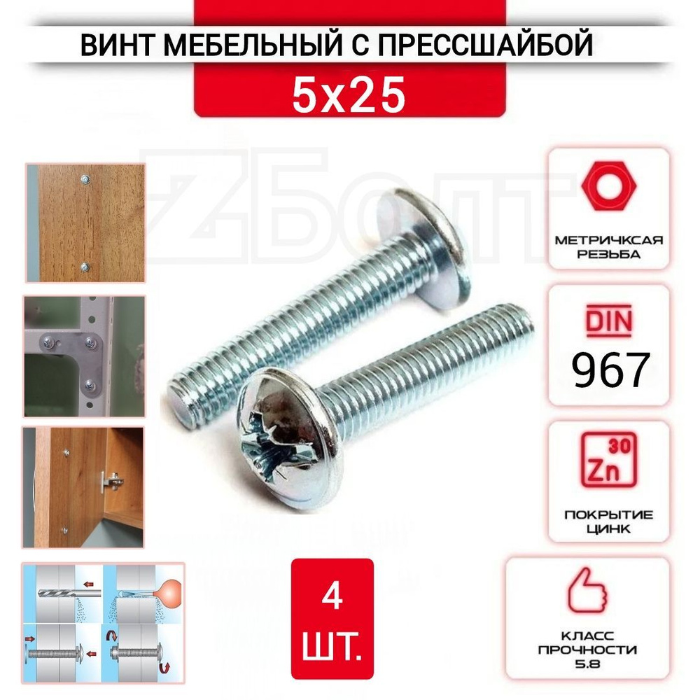 Винт мебельный с полукруглой головкой и прессшайбой, DIN967, 5х25, 4 шт.  #1