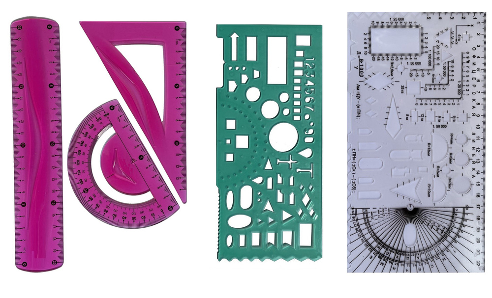 Набор линеек офицерских, 5 шт, треугольник, линейка, транспортир + гибкая + курсантская, бесцветная  #1