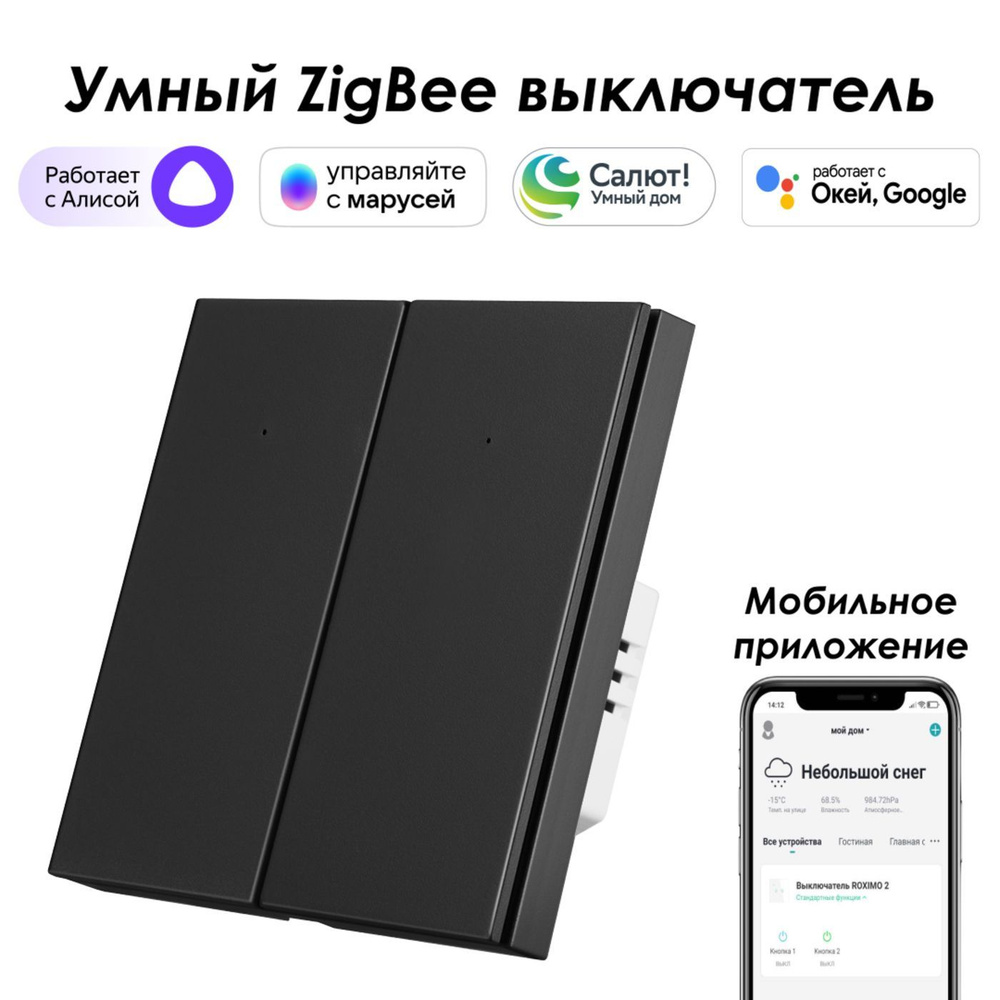 Умный Zigbee выключатель ROXIMO, двухкнопочный, SZBTN01-2B Работает с  Алисой, Марусей и Google